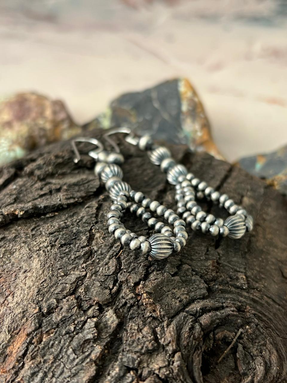 Handmade Sterling Silver Beaded Hook Dangle Earrings "Signed Nizhoni"