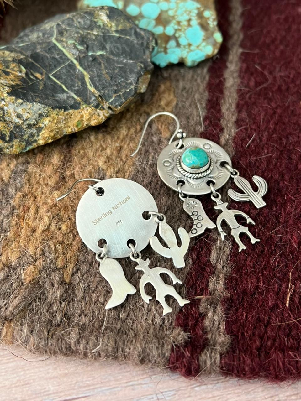 Handmade Sterling Silver Kingman Turquoise Hook Dangle Earrings "Signed Nizhoni"