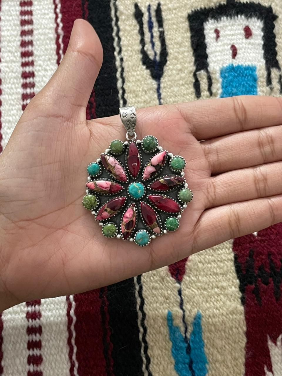 Handmade Sterling Silver Emerald Valley with Dahlia Rose Pendant "Signed Nizhoni"