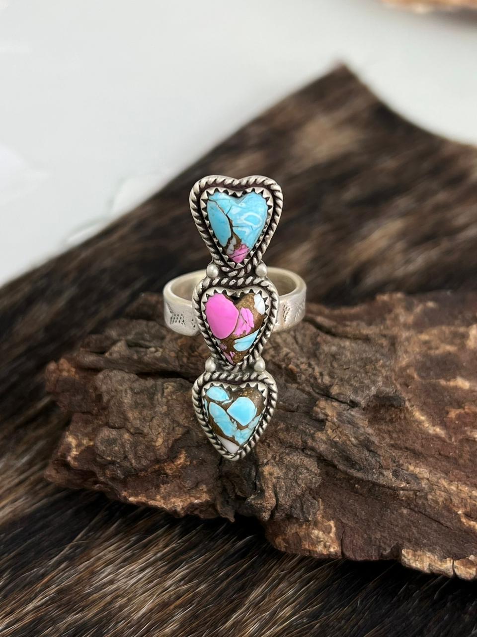 Handmade Sterling Silver Cotton Candy Turquoise Heart Adjustable Ring "Signed Nizhoni"