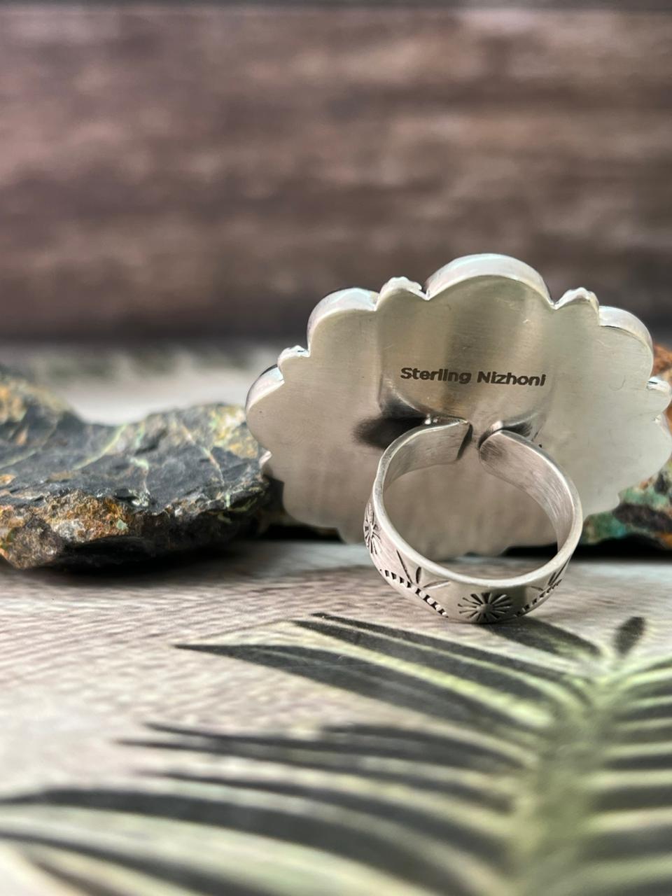 Handmade Sterling Silver Blackjack Turquoise Adjustable Ring " Signed Nizhoni"