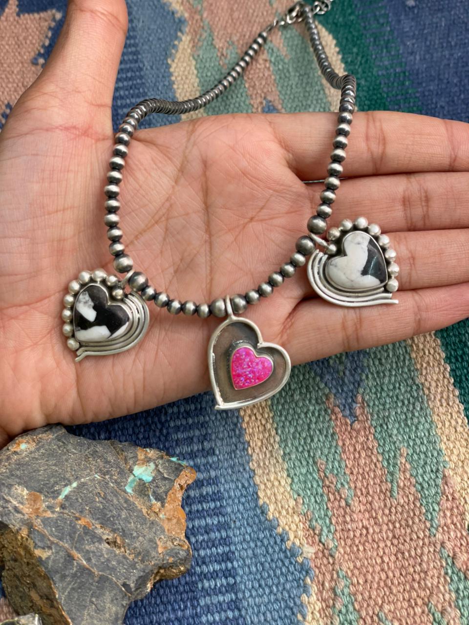 Handmade Sterling Silver White Buffalo with Hot Pink Beaded Heart Necklace "Signed Nizhoni"