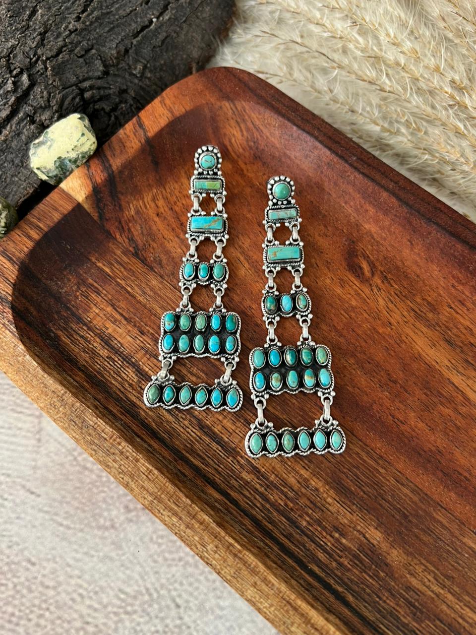 Handmade Sterling Silver Kingman Turquoise Post Dangle Earrings "Signed Nizhoni"