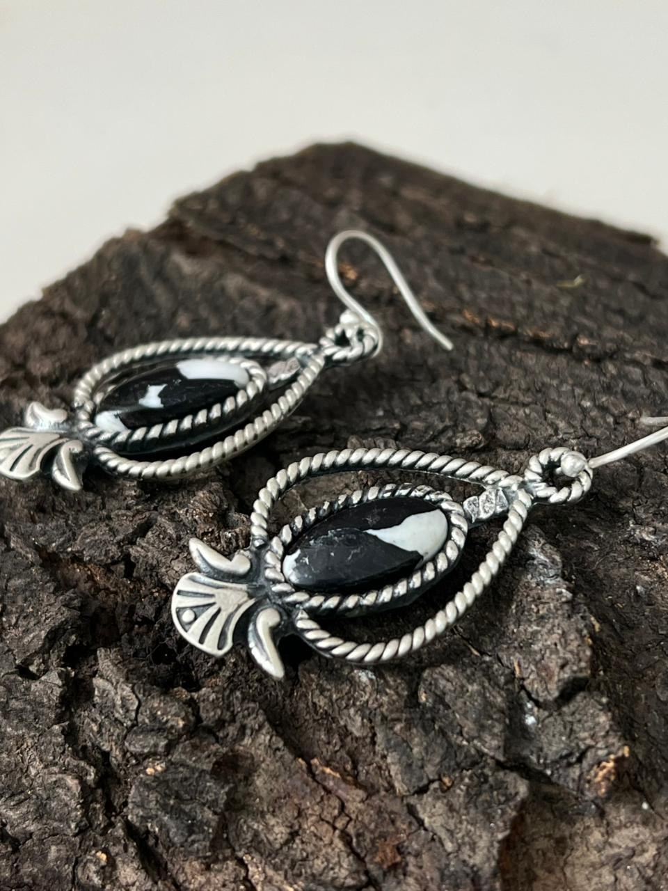 Handmade Sterling Silver White Buffalo Hook Dangle Earrings "Signed Nizhoni"