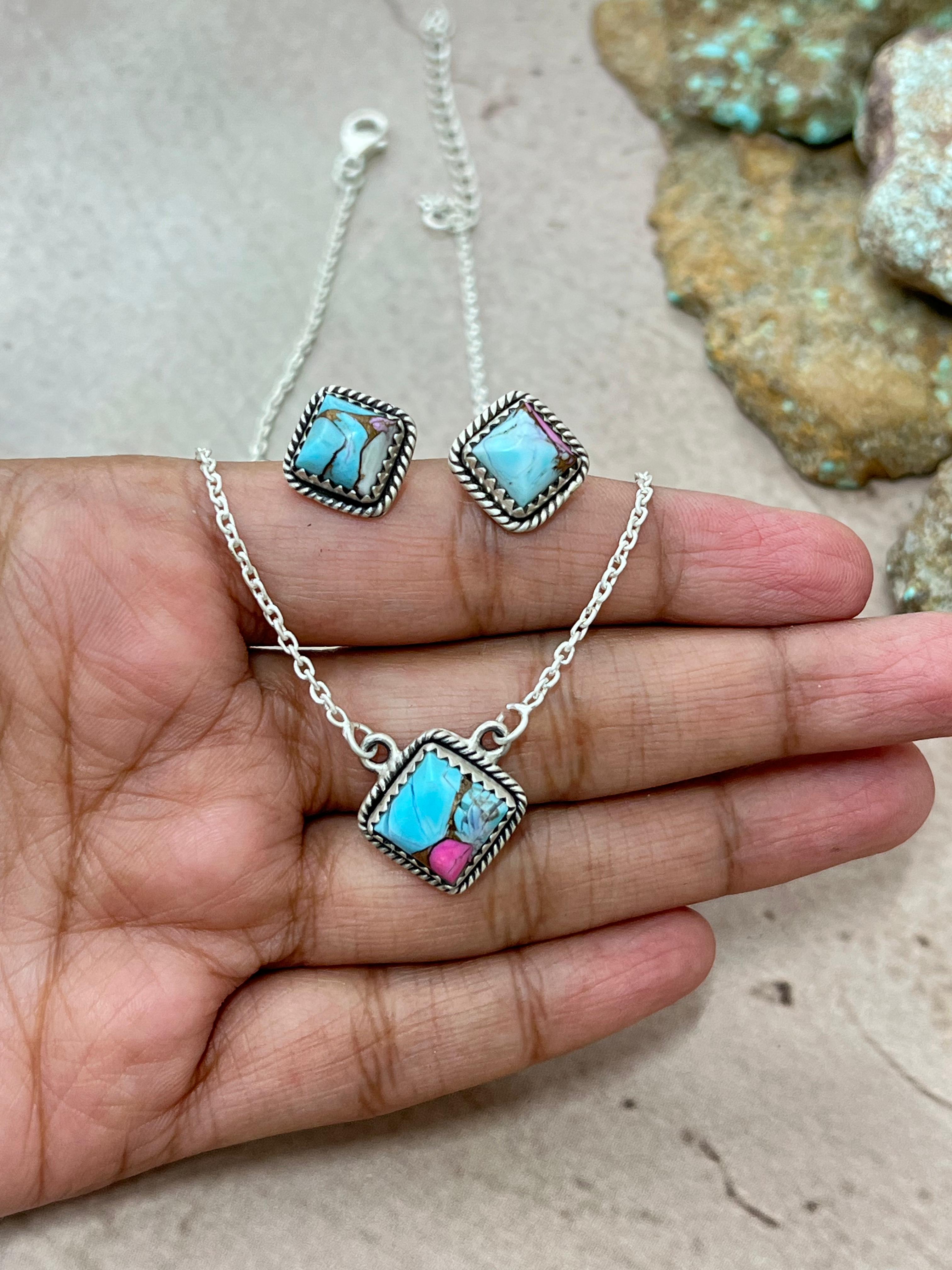 Handmade Sterling Silver Cotton Candy Turquoise Necklace Earrings Set, Signed Nizhoni