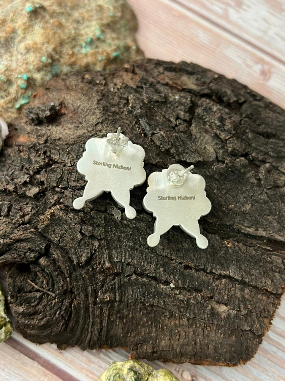 Handmade Sterling Silver Kingman Turquoise Post Studs with Signed Nizhoni