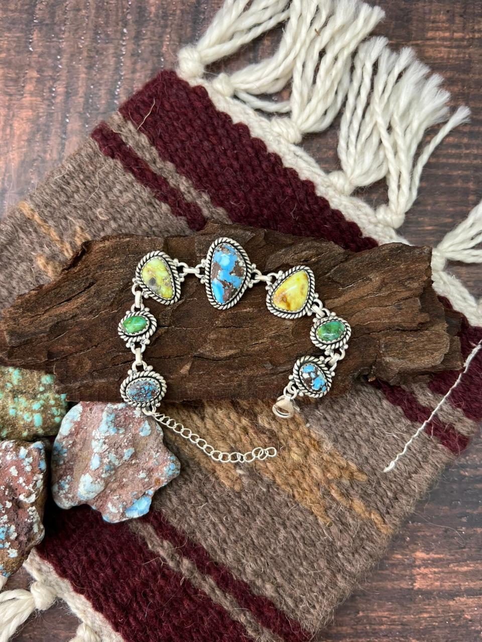 Handmade Sterling Silver Palomino with Golden Hills and Sonoran Turquoise Chain Bracelet "Signed Nizhoni"