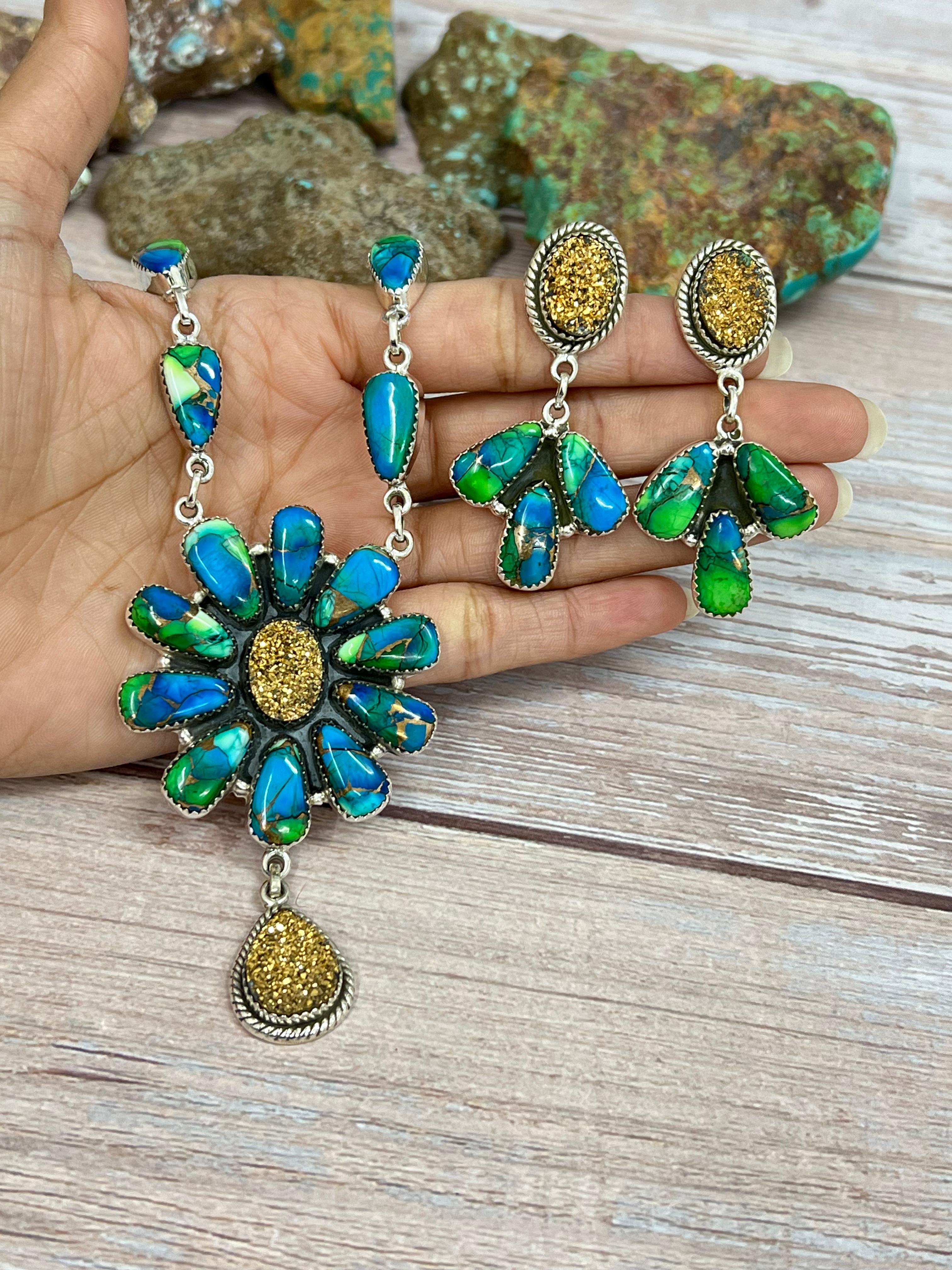Handmade Sterling Silver Peacock Dahlia with Druzy Necklace Earrings Set with Signed Nizhoni