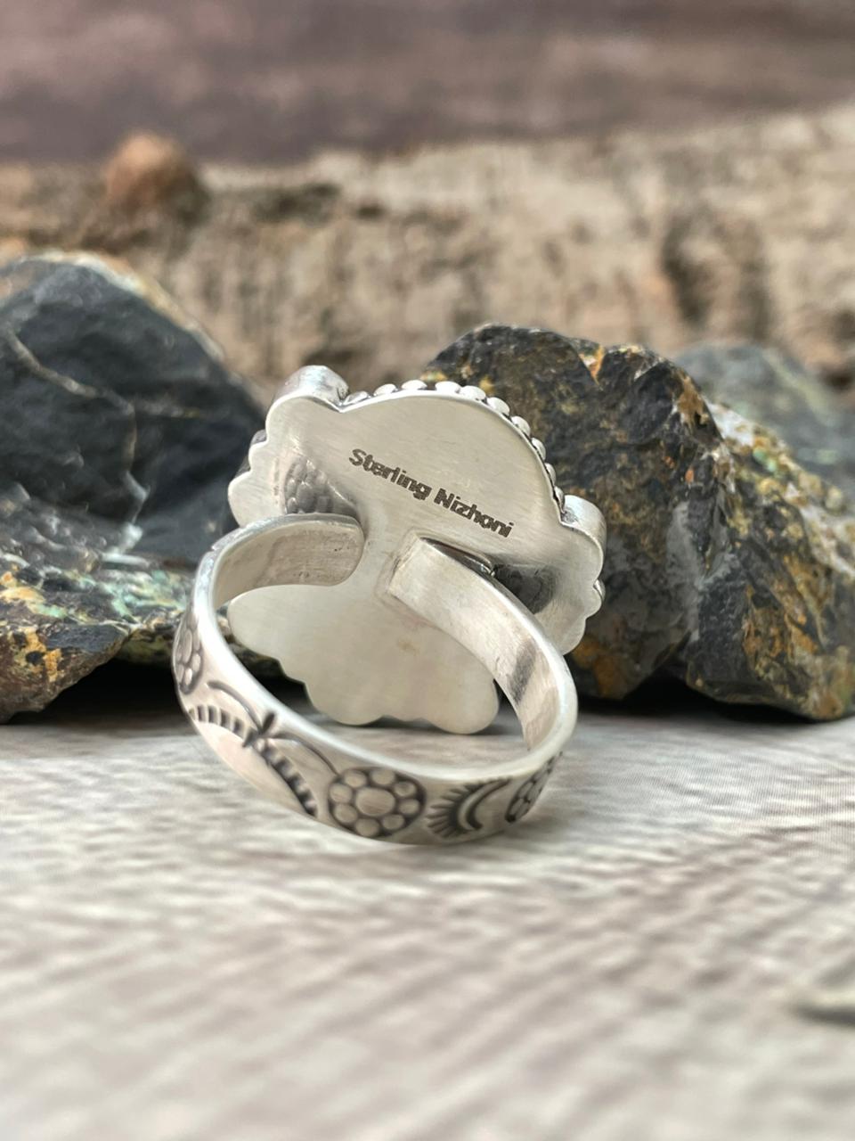 Handmade Sterling Silver Sonoran with Cut Stones Adjustable Ring "Signed Nizhoni"