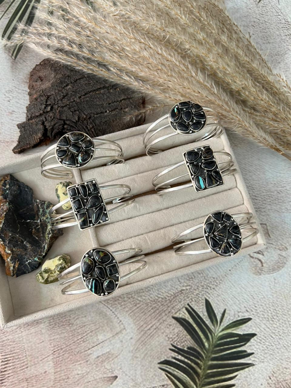 Handmade Sterling Silver Blackjack Turquoise Cuff Bracelet "Signed Nizhoni"