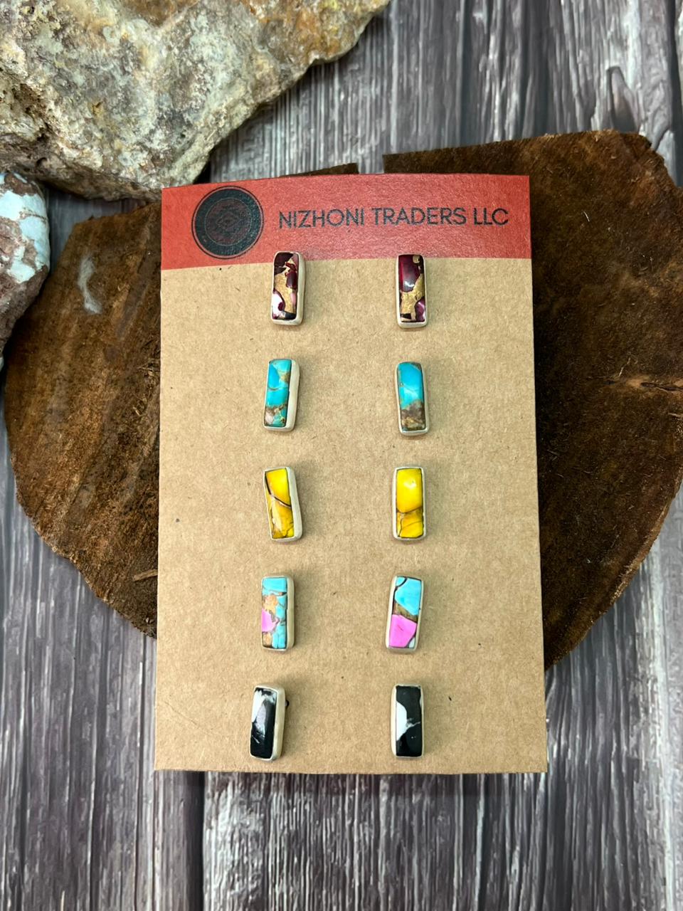 Handmade Sterling Silver Multi Stones Post Studs Earrings Card Set