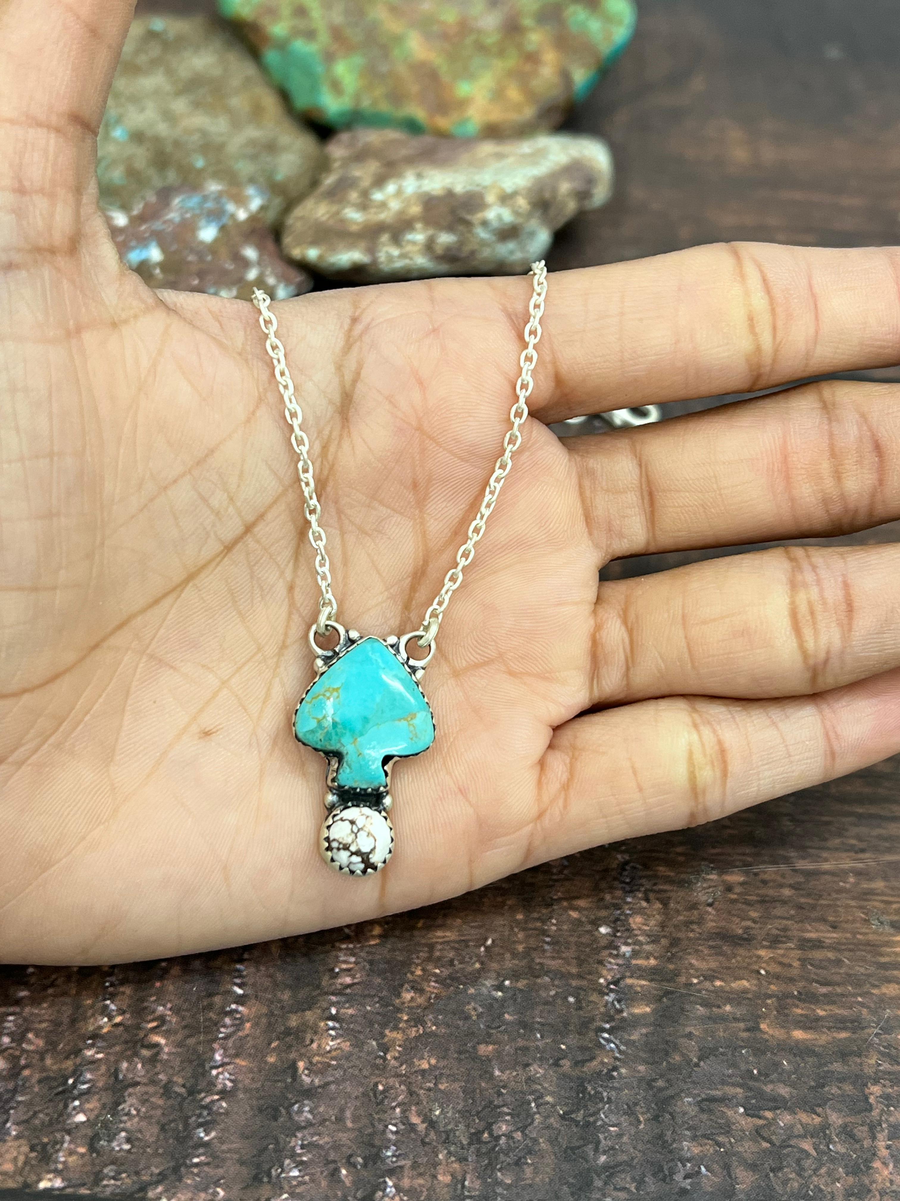 Handmade Sterling Silver Kingman, Wild Horse Turquoise Necklace with Signed Nizhoni