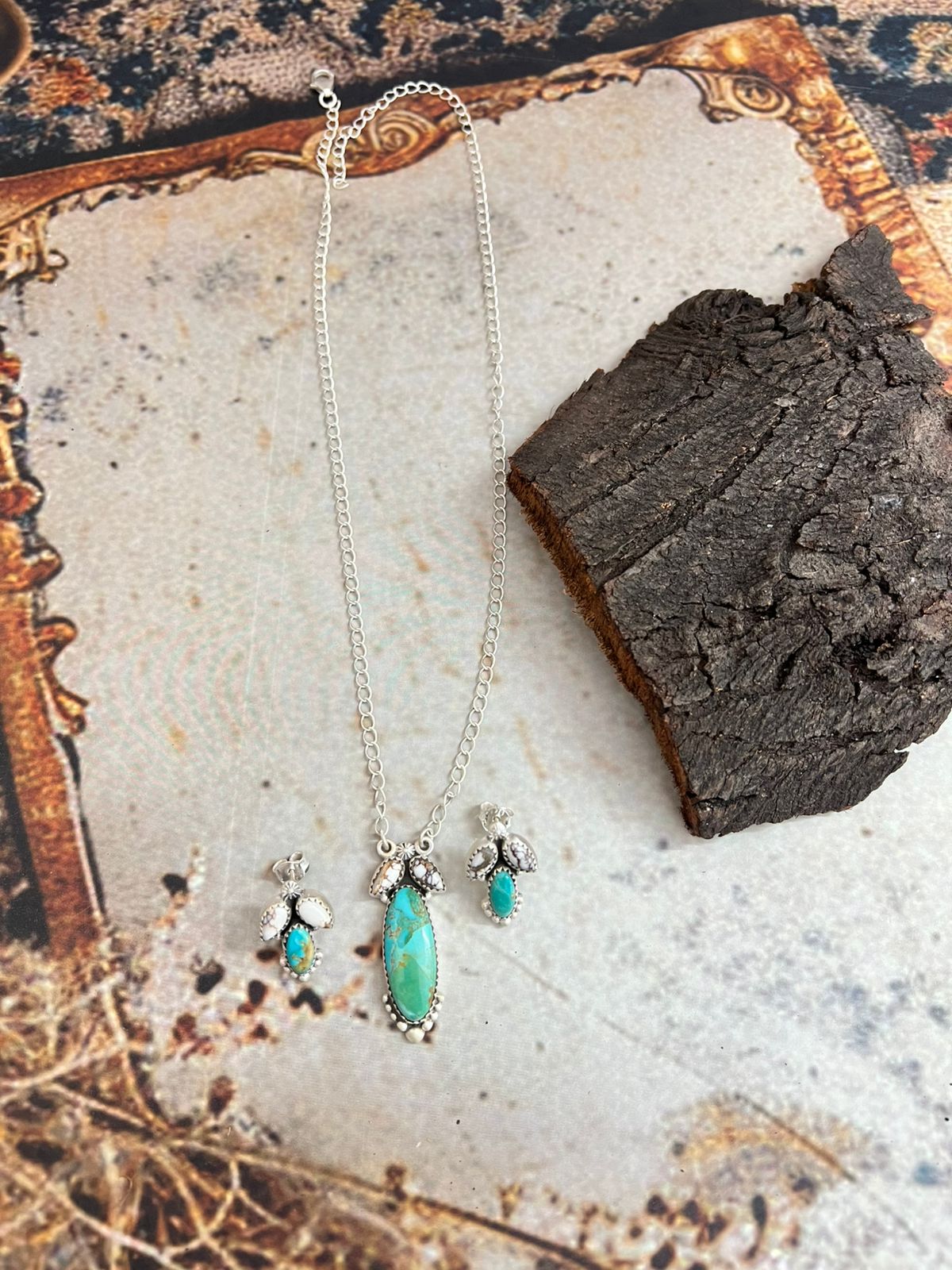 Handmade Sterling Silver White Buffalo with Kingman Necklace Earrings Set, Signed Nizhoni