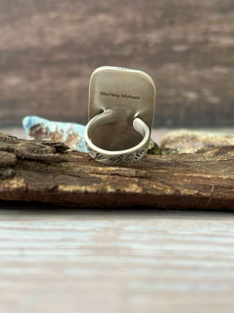 Handmade Sterling Silver White Buffalo Adjustable Ring with Signed Nizhoni