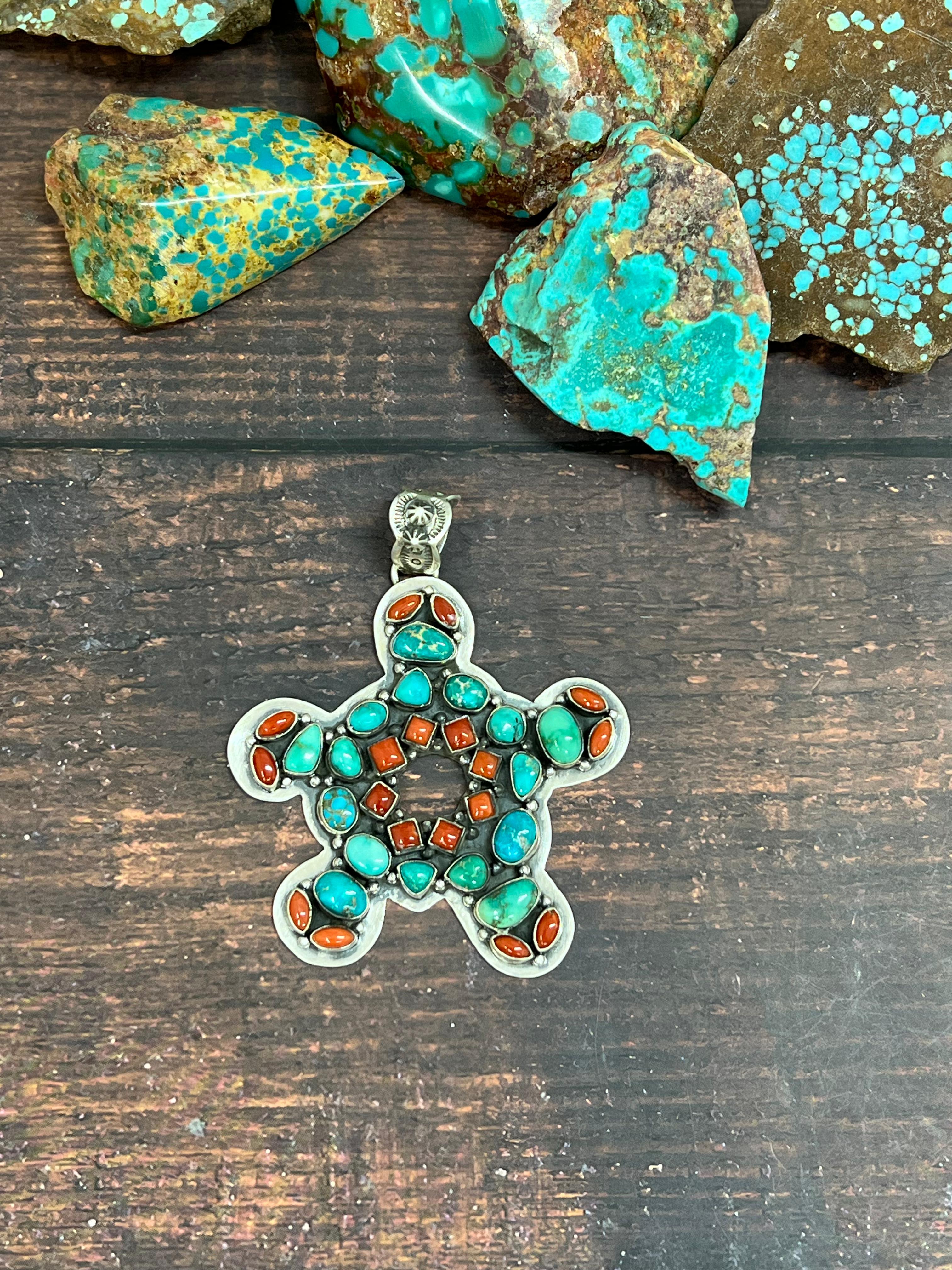 Handmade Sterling Silver Coral with Emerald Valley Pendant, Signed Nizhoni