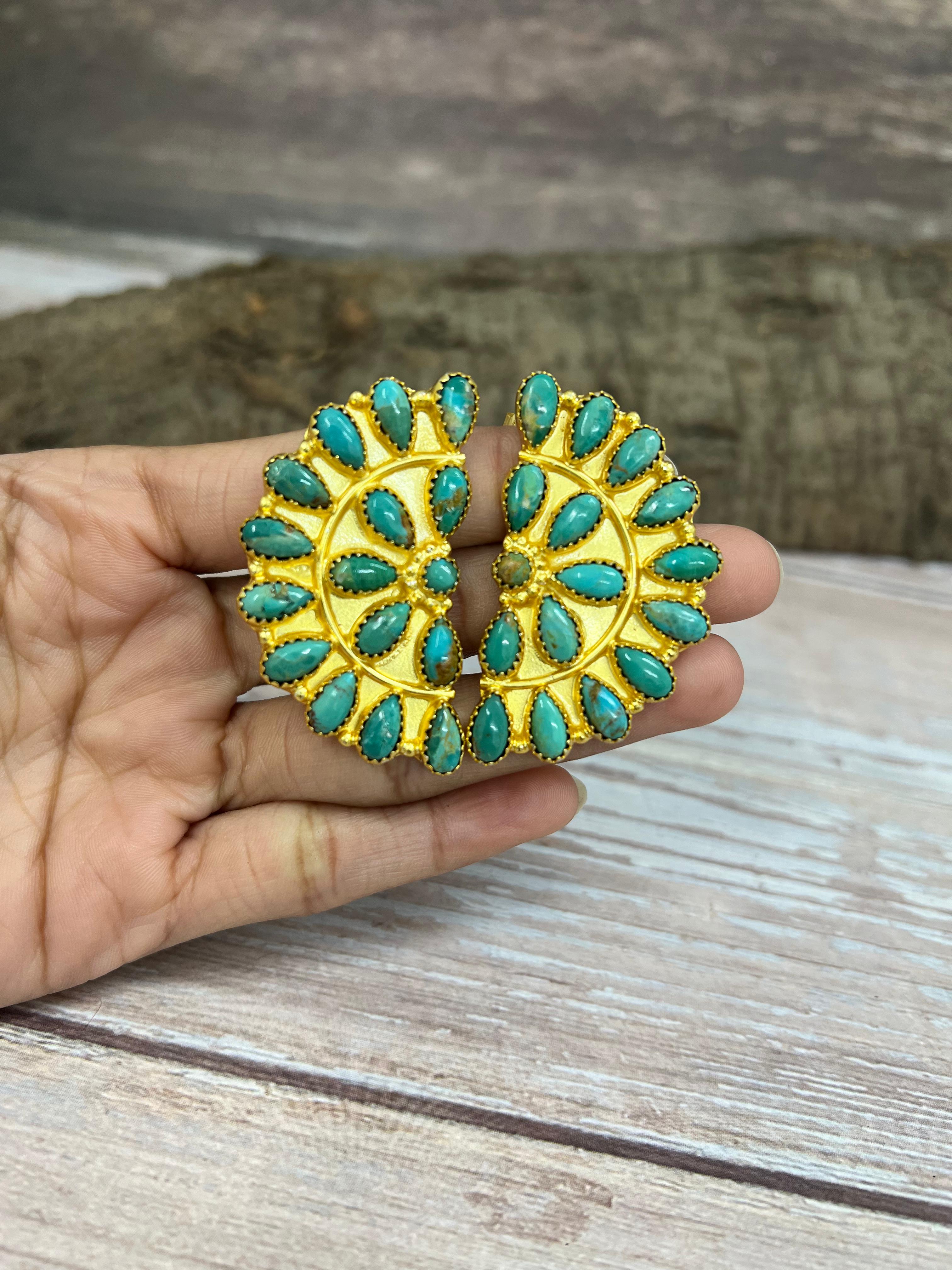 “The Golden Collection” Handmade Sterling Silver Kingman Turquoise Post Crescent Earrings Signed Nizhoni