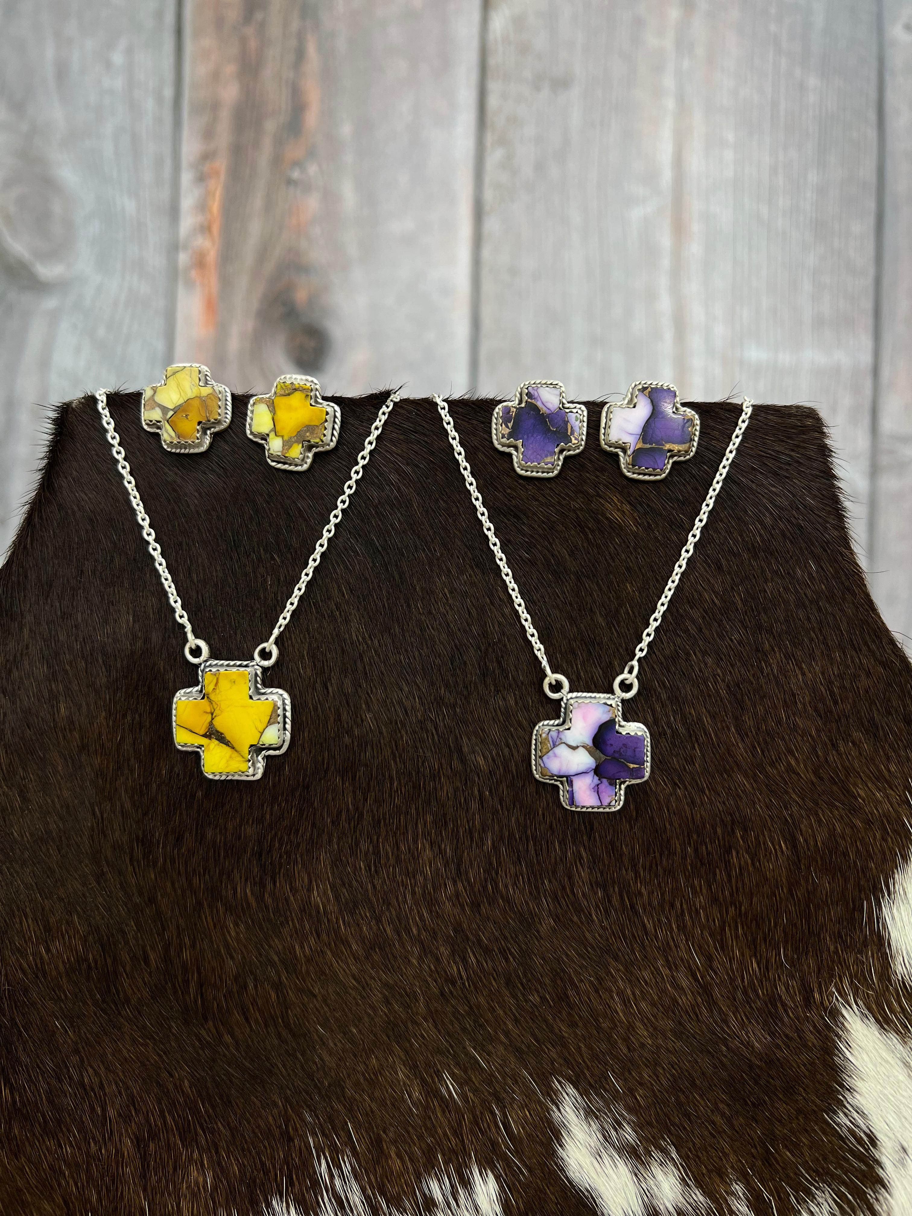 Handmade Sterling Silver Purple Blue Ice Rose Dahlia, Honey Dahlia Necklace Earrings Set, Signed Nizhoni (1)