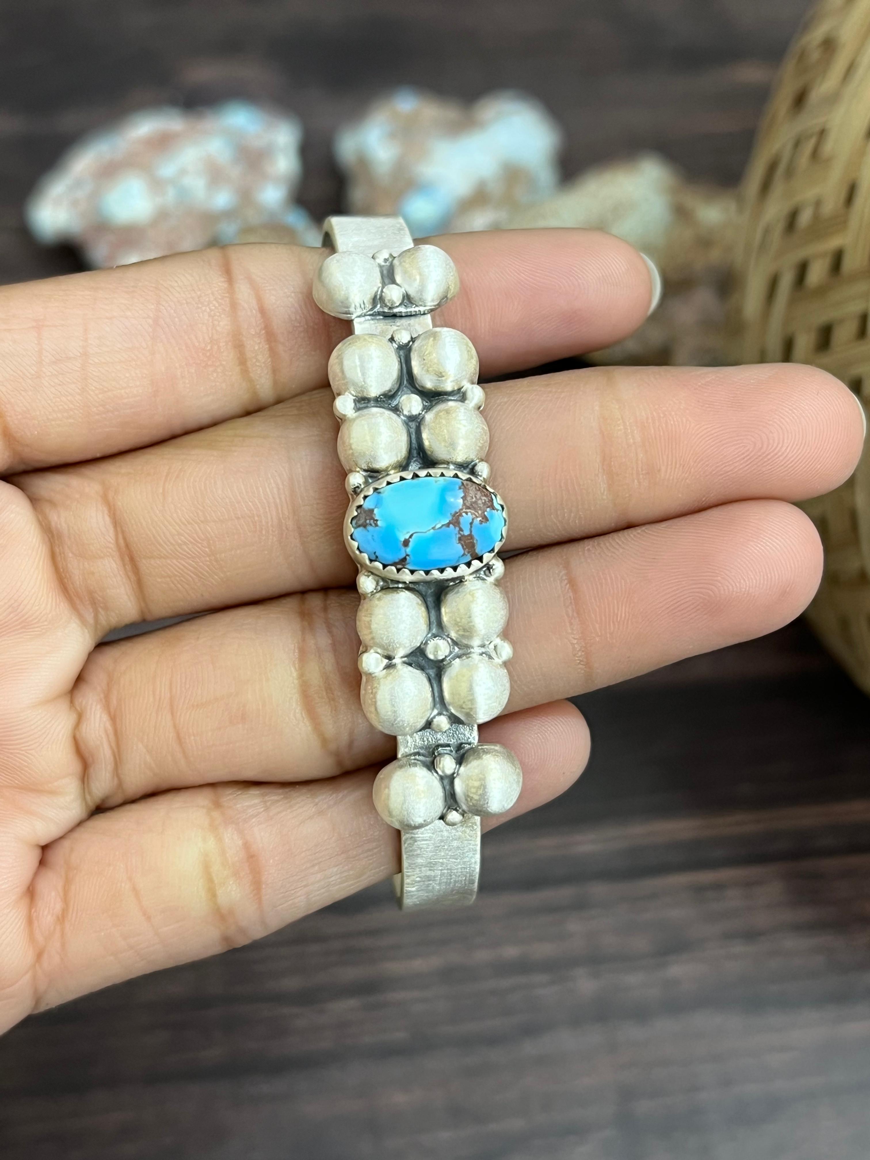 Handmade Sterling Silver Golden Hills Turquoise Cuff Bracelet with Signed Nizhoni