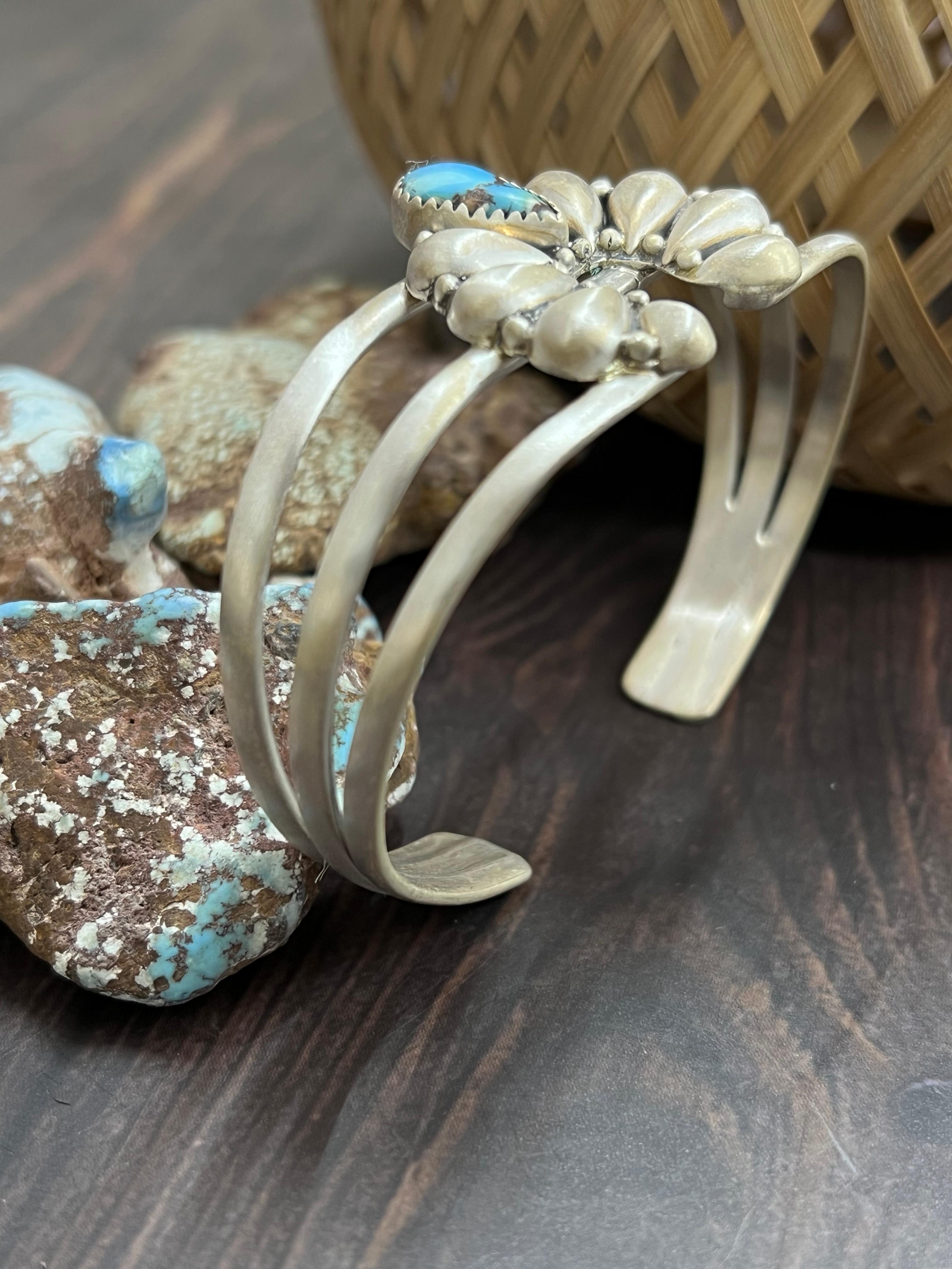 Handmade Sterling Silver Golden Hills Turquoise Cuff Bracelet with Signed Nizhoni