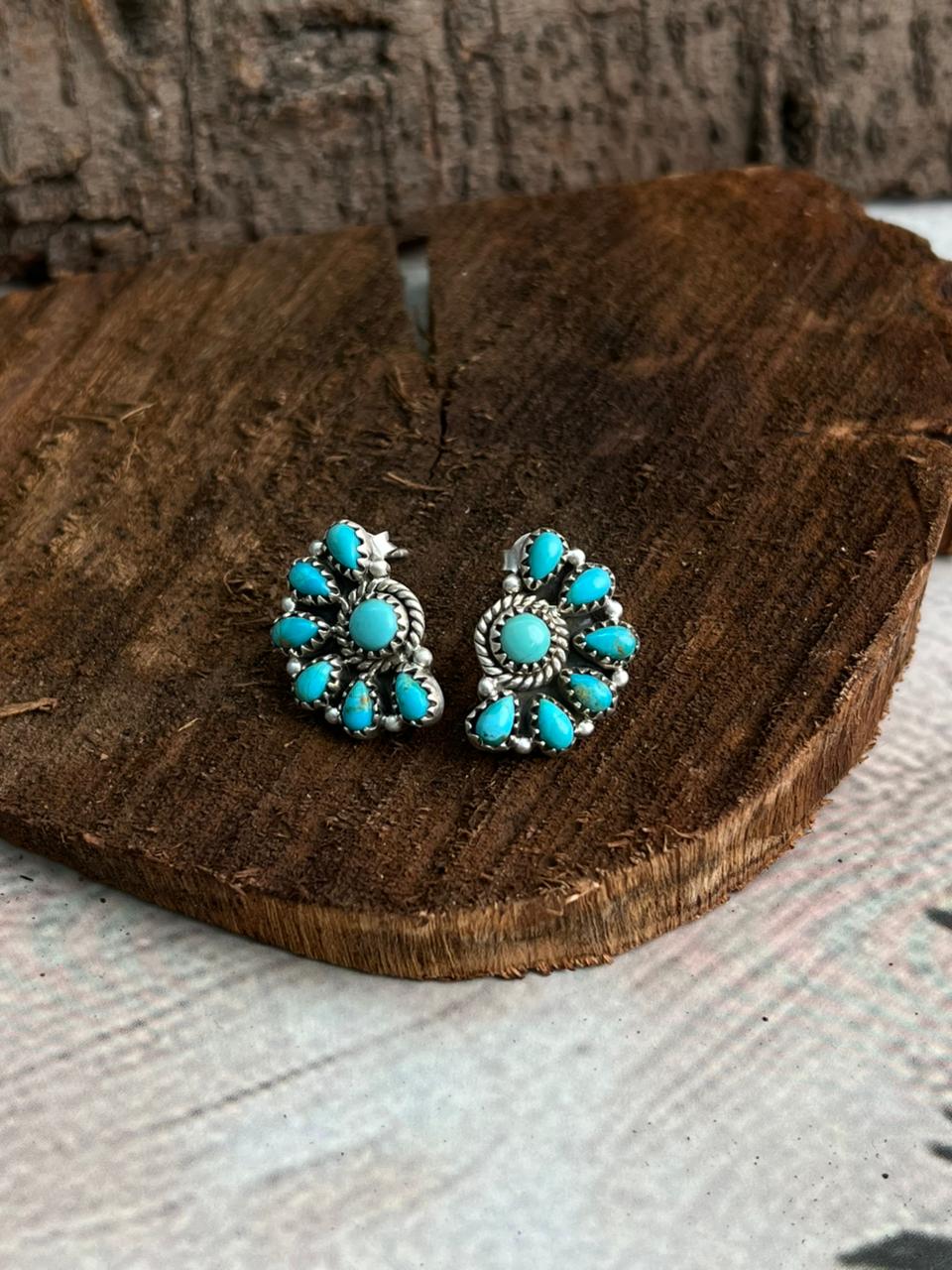 Handmade Sterling Silver Kingman Turquoise Post Studs Earrings "Signed Nizhoni"