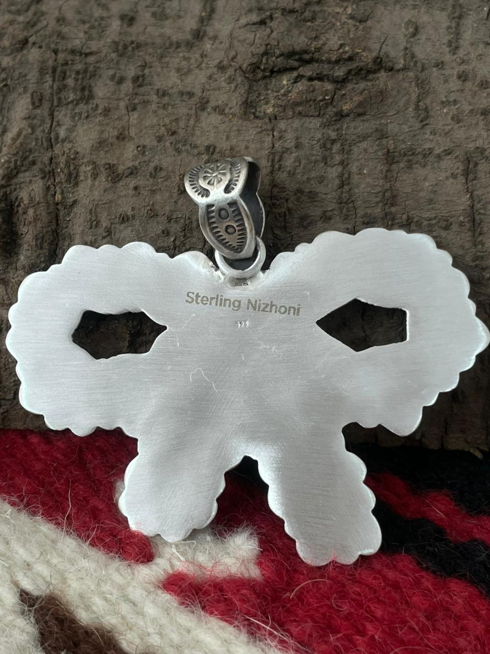 Handmade Sterling Silver Dahlia Rose with Emerald Valley Turquoise Pendant "Signed Nizhoni"