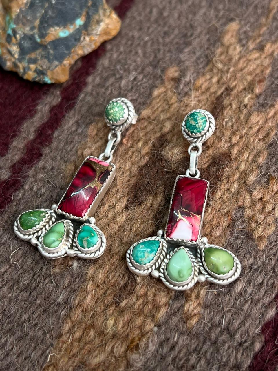 Handmade Sterling Silver Dahlia Rose with Emerald Valley Turquoise Post Earrings "Signed Nizhoni"