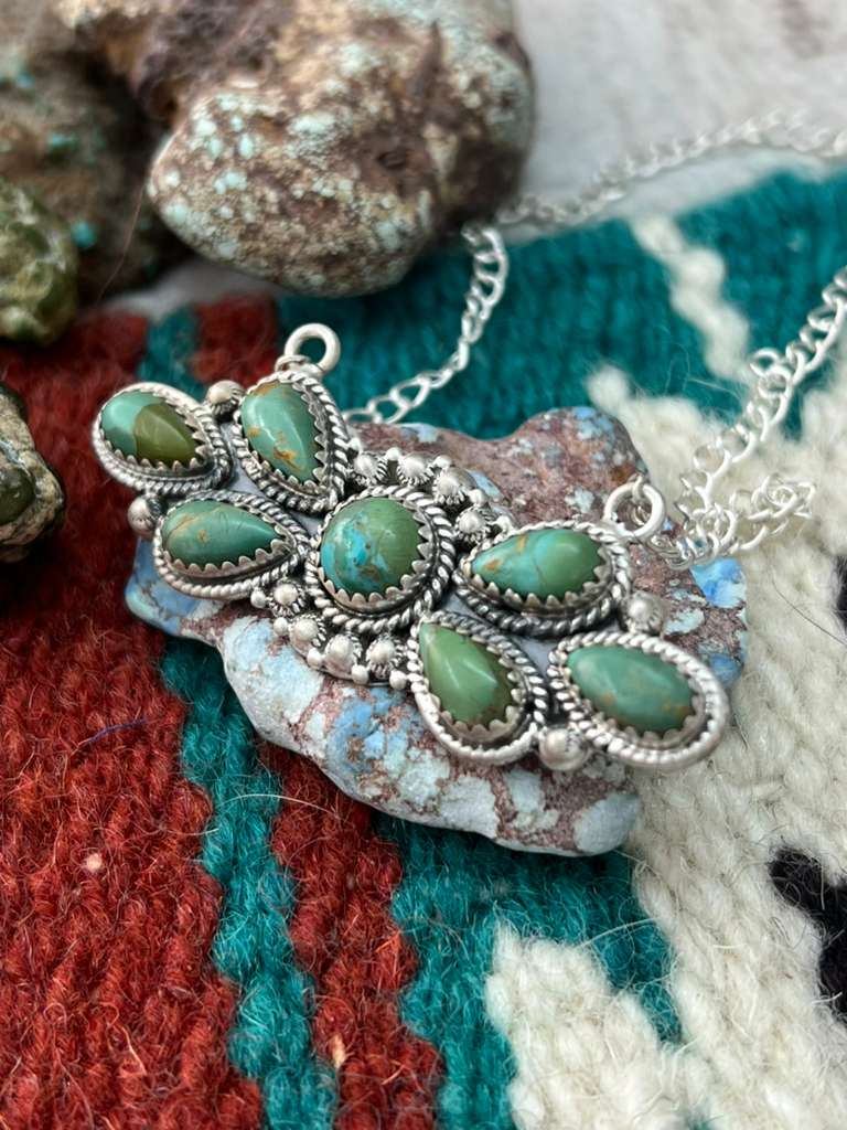 Handmade Sterling Silver Kingman Turquoise Necklace with Signed Nizhoni