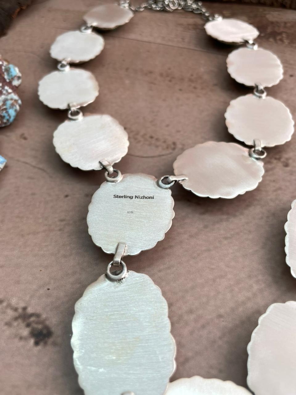 Handmade Sterling Silver Mantis Turquoise Necklace with Signed Nizhoni