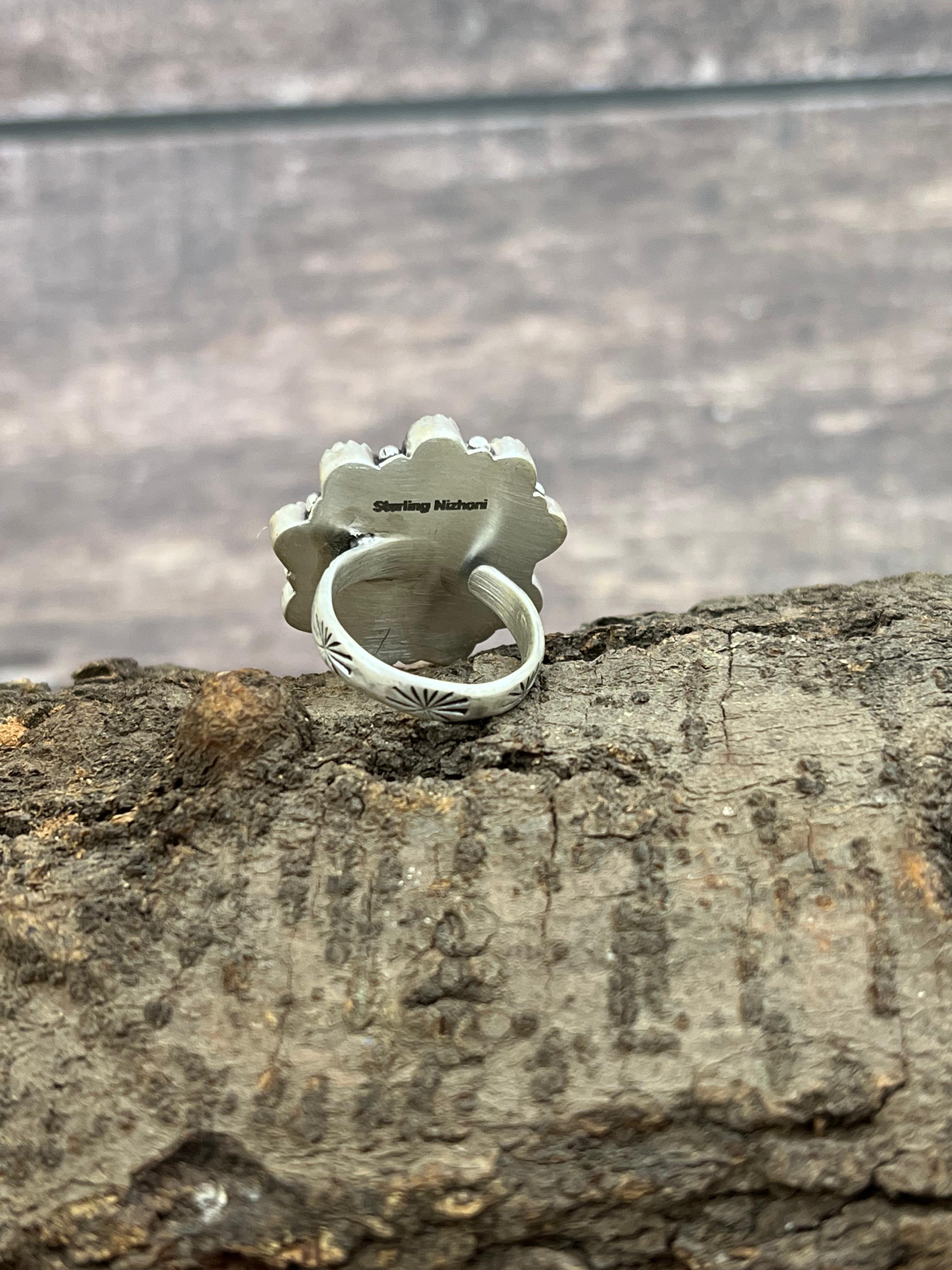 Handmade Sterling Silver Hot Pink with Kingman Turquoise Adjustable Cluster Flower Ring with Signed Nizhoni (6)