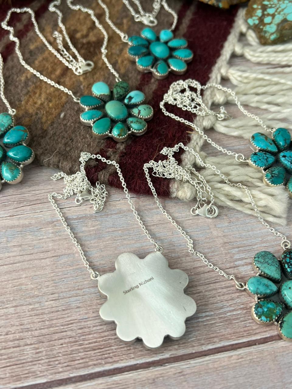 Handmade Sterling Silver Sonoran Tibetan Turquoise Cluster Necklace "Signed Nizhoni"