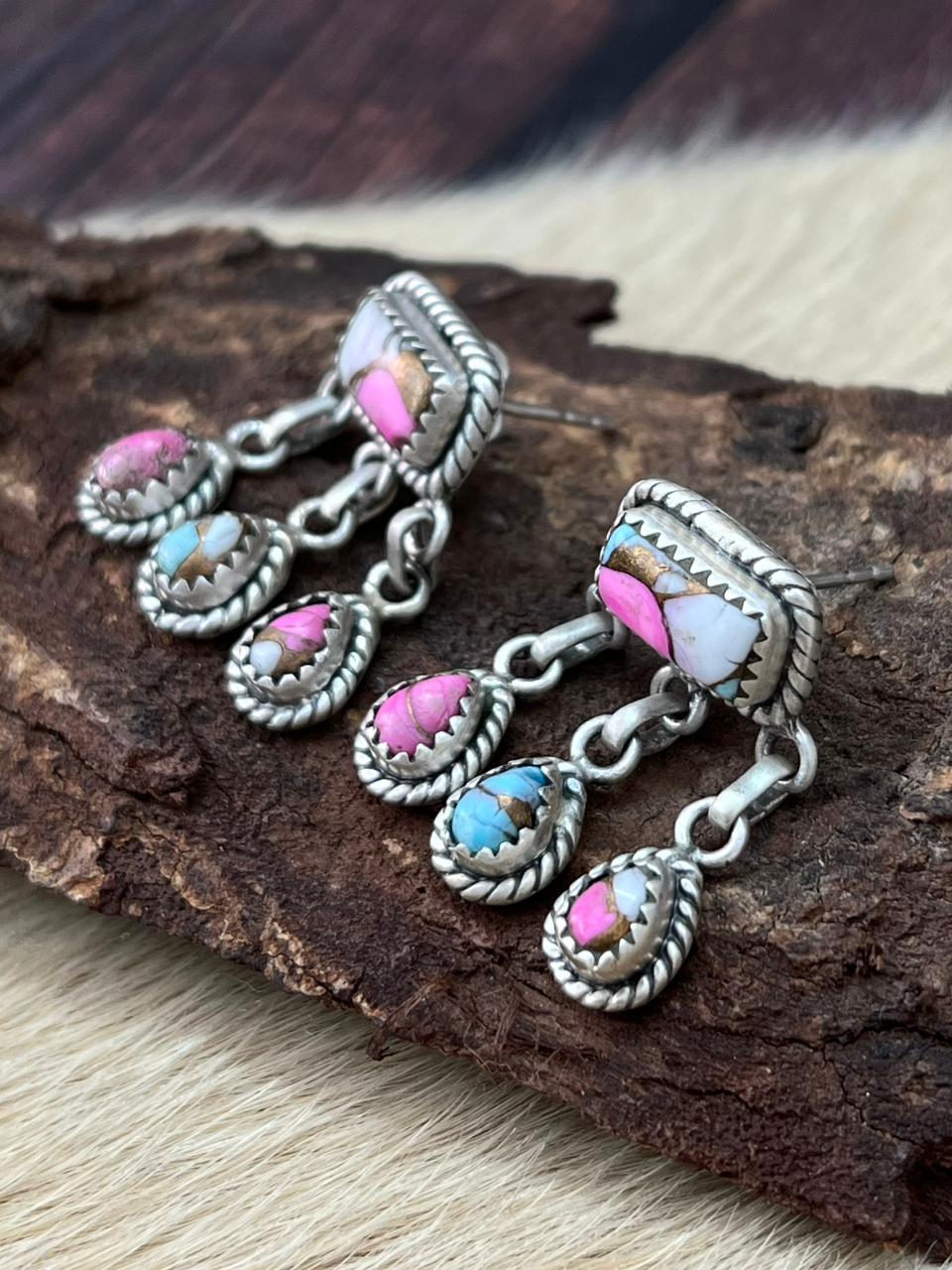 Handmade Sterling Silver Cotton Candy Dangle Earrings "Signed Nizhoni"