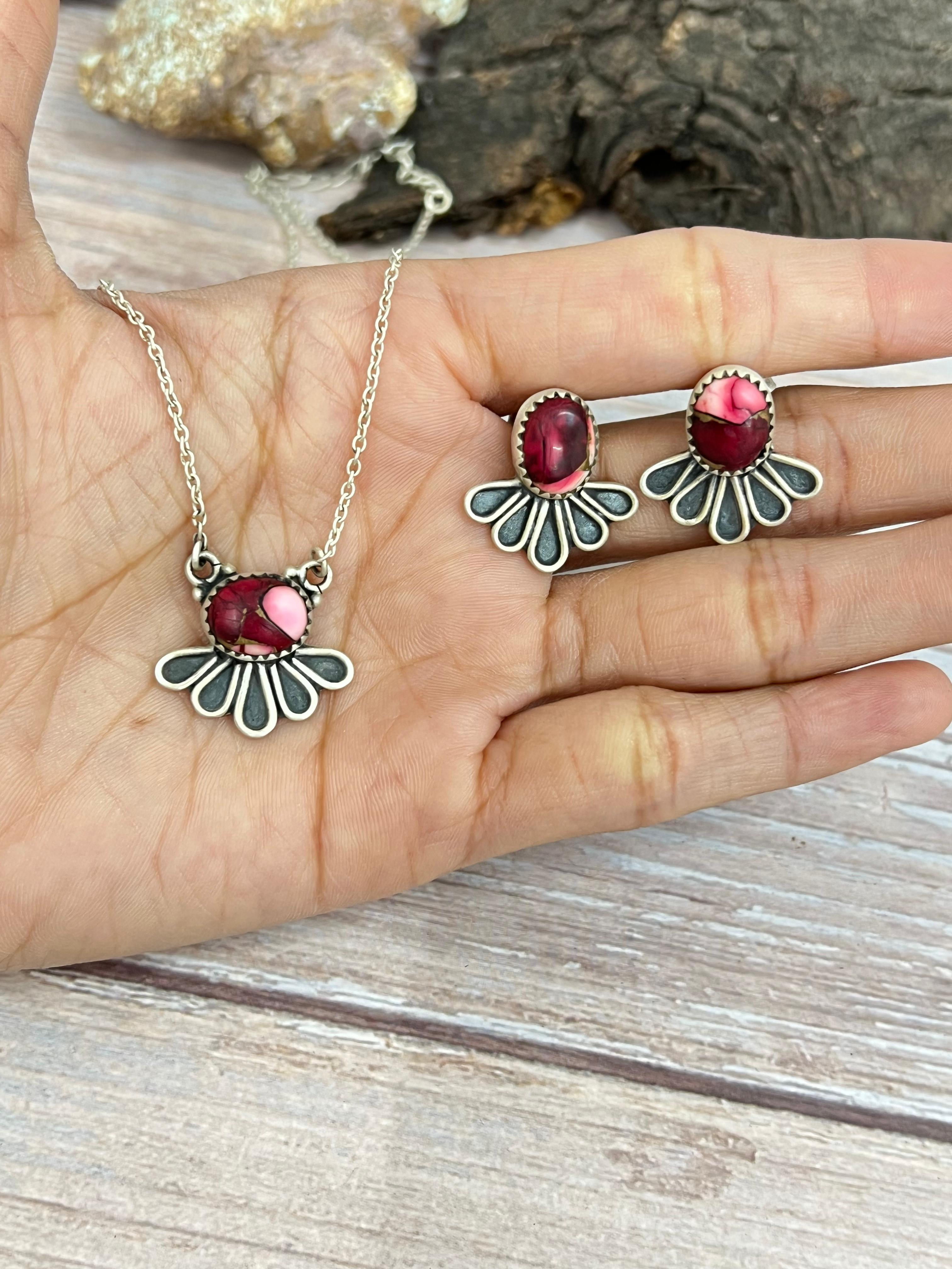 Handmade Sterling Silver Dahlia Rose Necklace Earrings Set, Signed Nizhoni