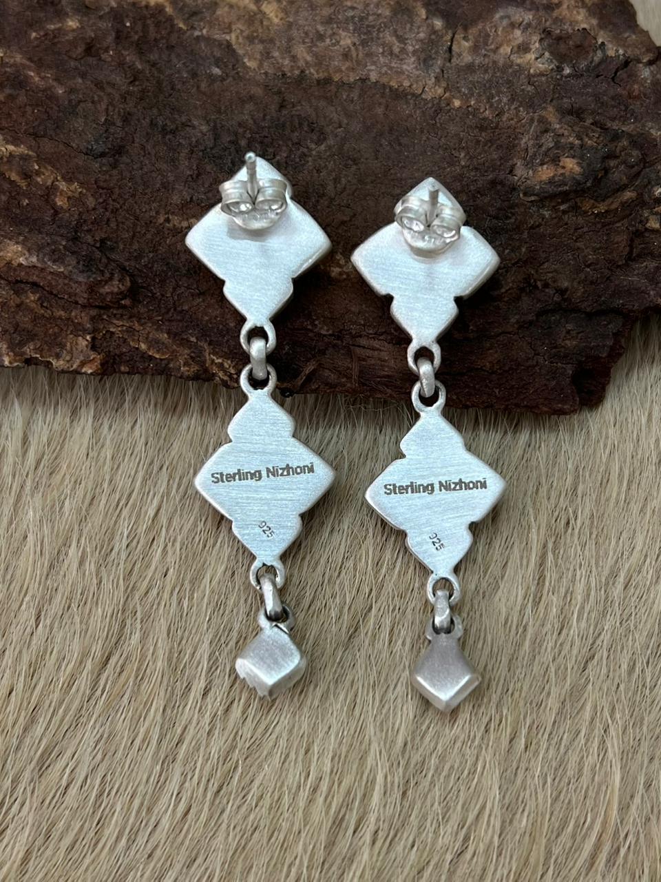 Handmade Sterling Silver White Buffalo Post Dangle Earrings "Signed Nizhoni" (8)
