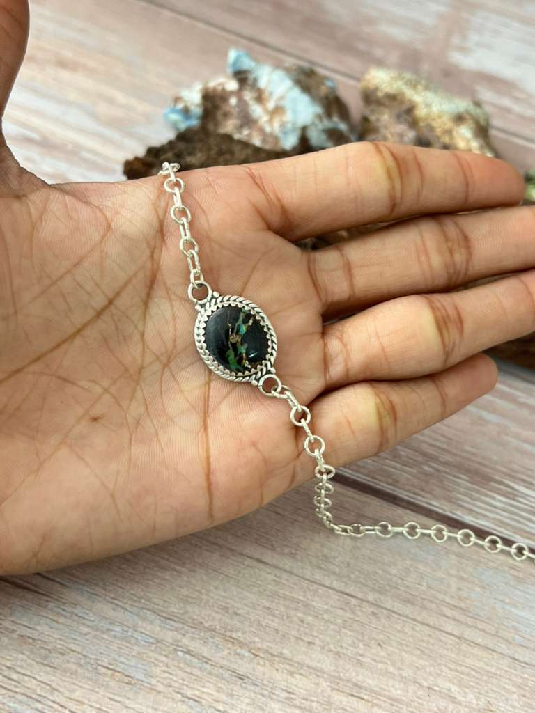 Handmade Sterling Silver Blackjack Turquoise Chain Bracelet with Signed Nizhoni