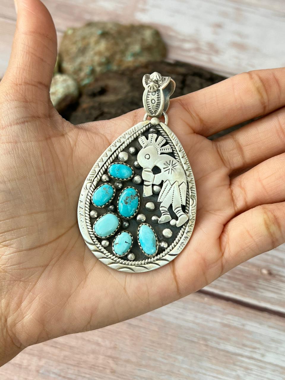 Handmade Sterling Silver White Water Turquoise Pendant with Signed Nizhoni (4)