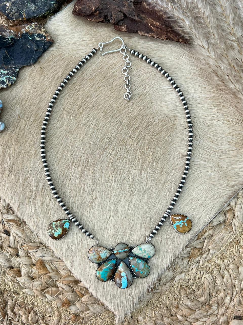 Handmade Sterling Silver Royston Ribbon Turquoise Beaded Necklace "Signed Nizhoni"