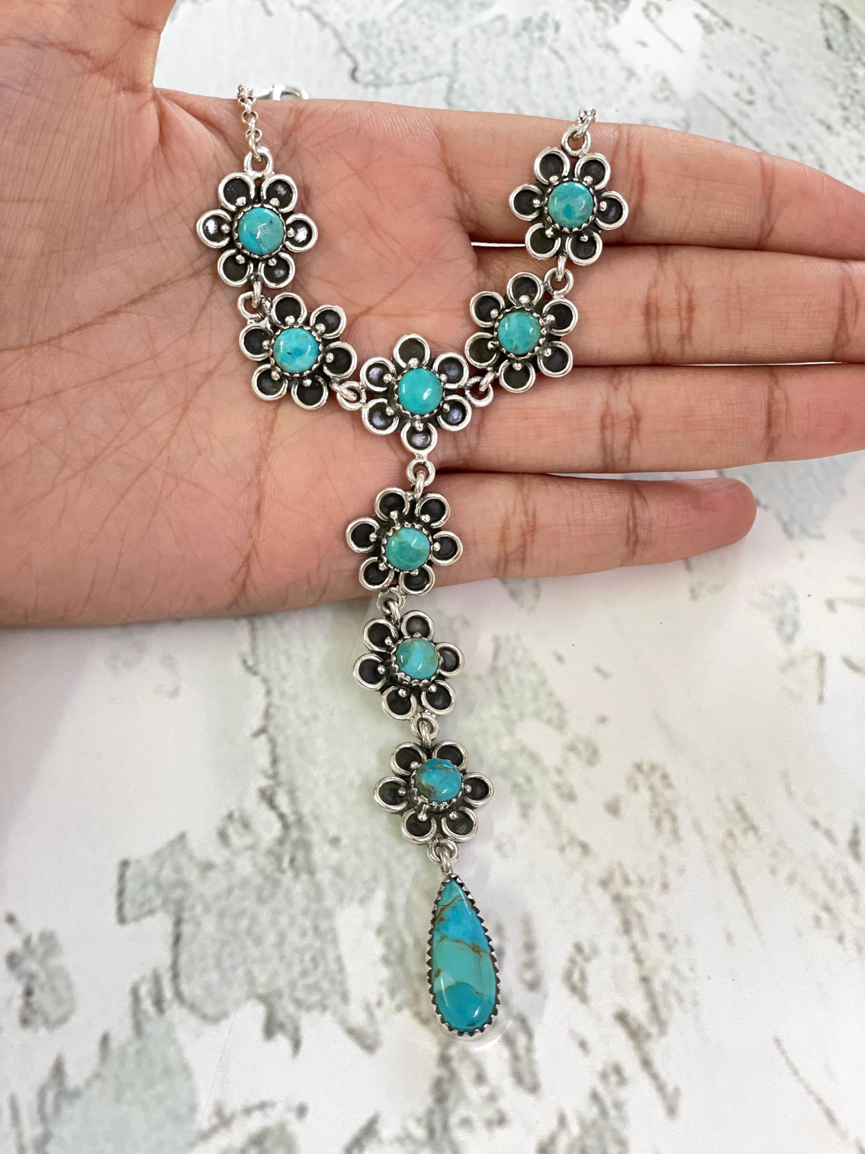 Handmade Sterling Silver Kingman Turquoise Necklace with Signed Nizhoni