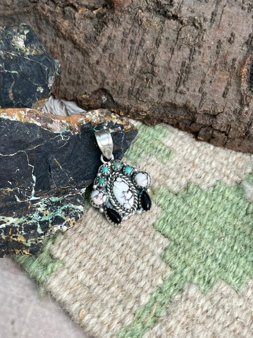 Handmade Sterling Silver Kingman with Wildhorse and Black Onyx Pendant "Signed Nizhoni"