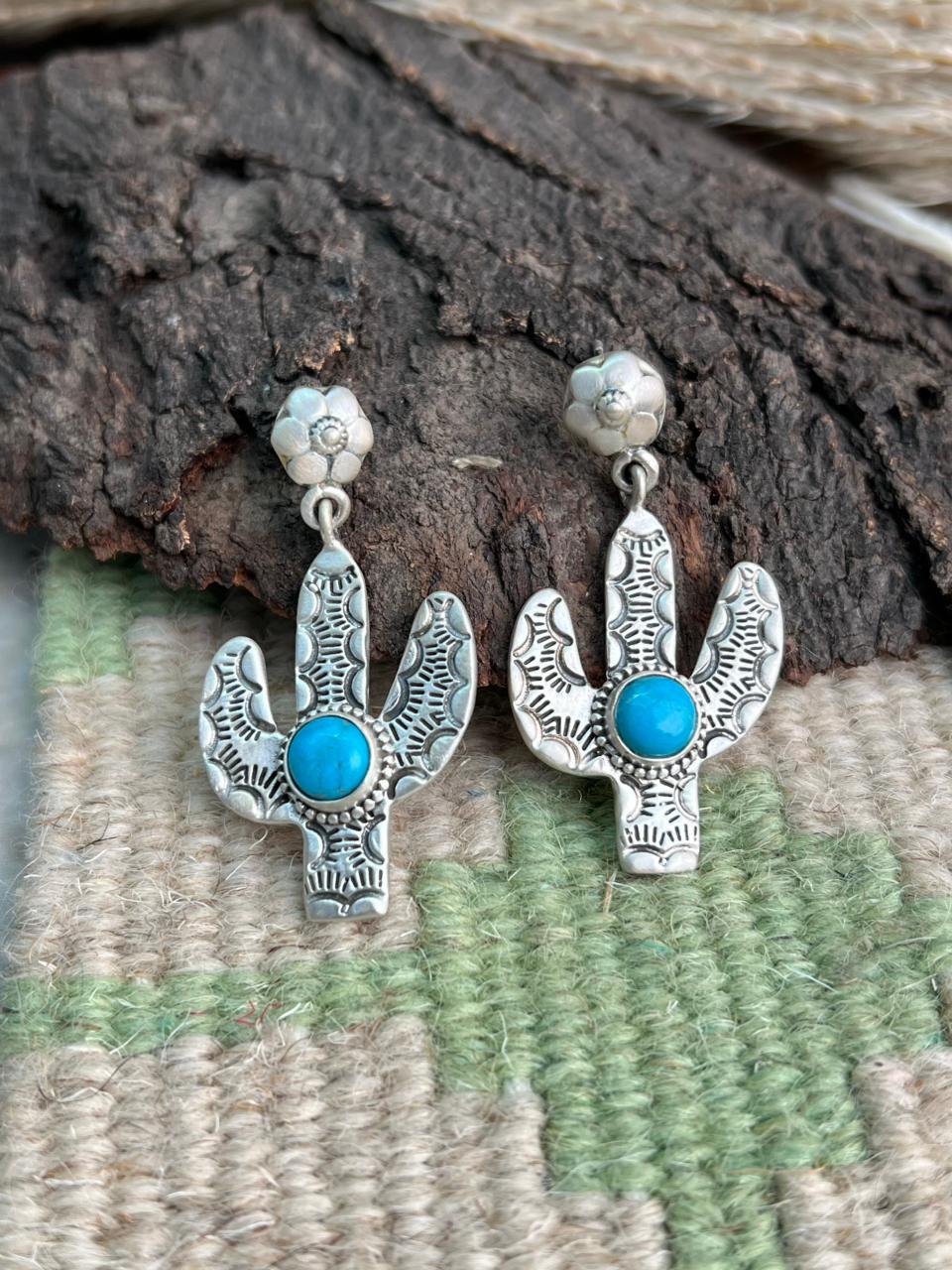 Handmade Sterling Silver Kingman Turquoise Post Dangle Cactus Earrings "Signed Nizhoni"