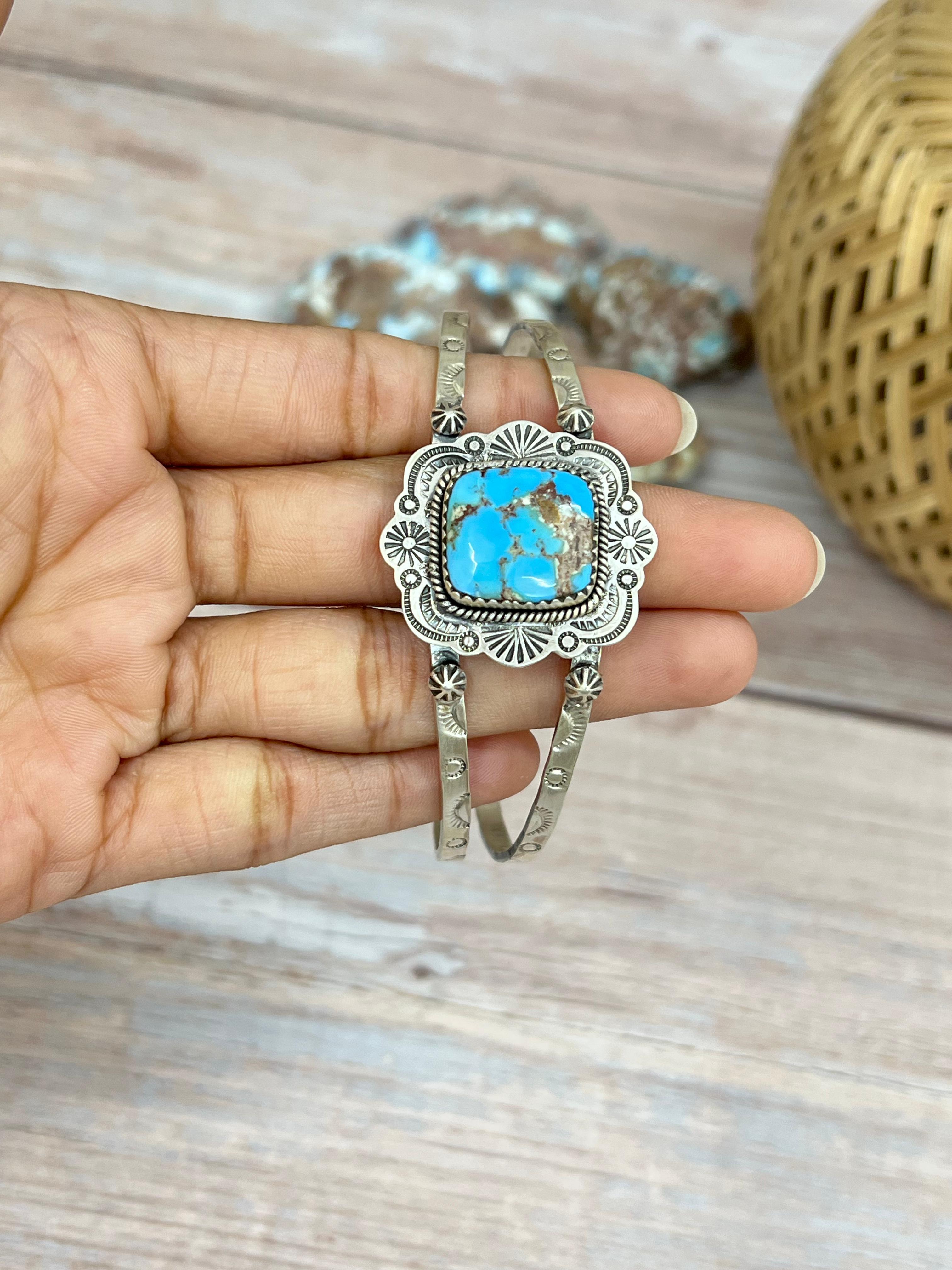 Handmade Sterling Silver Golden Hills Turquoise Cuff Bracelet with Signed Nizhoni