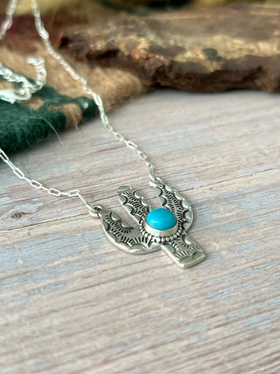 Handmade Sterling Silver Kingman Turquoise Cactus Necklace "Signed Nizhoni"