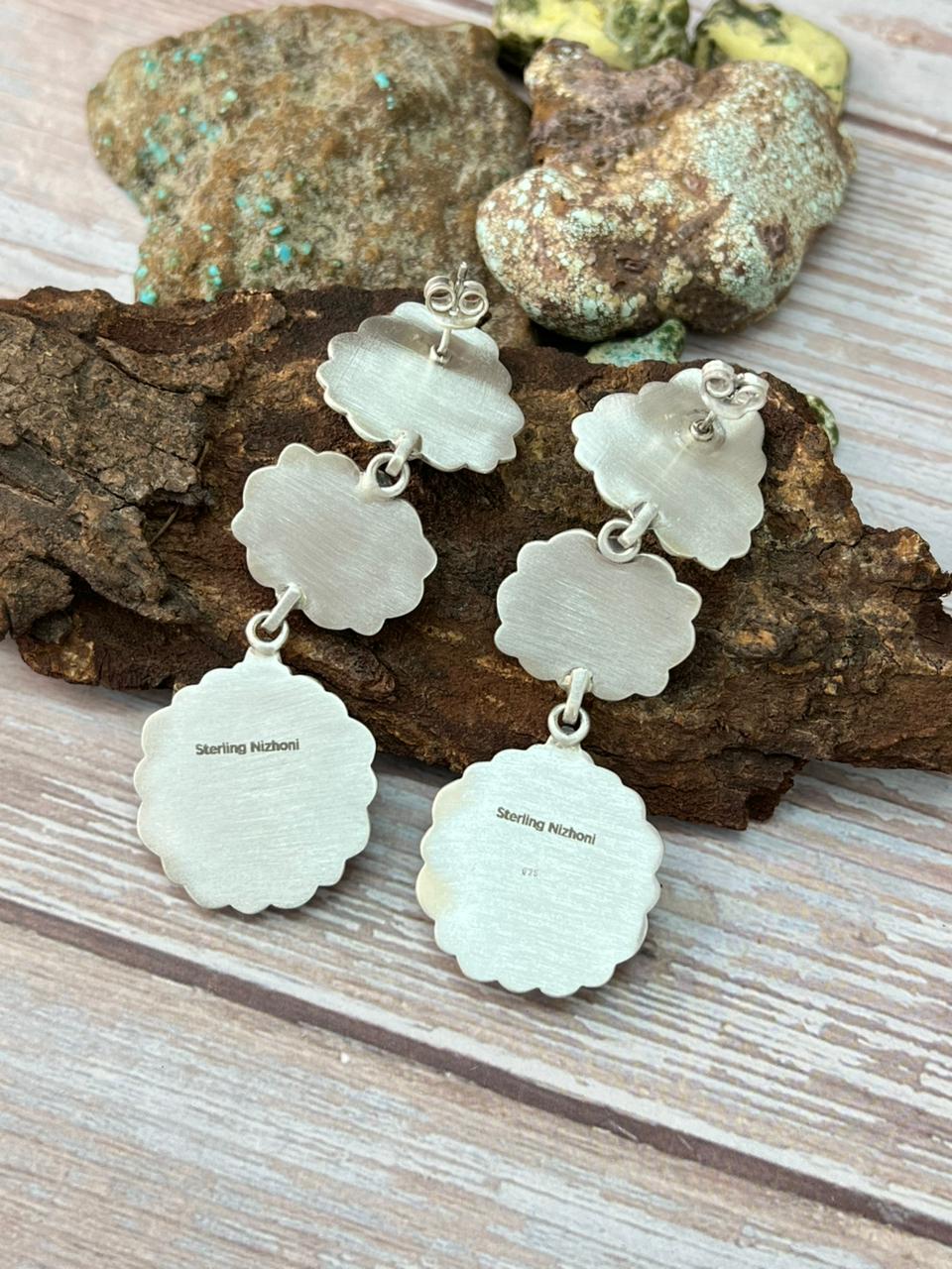 Handmade Sterling Silver Mantis Turquoise Post Dangle Earrings with Signed Nizhoni