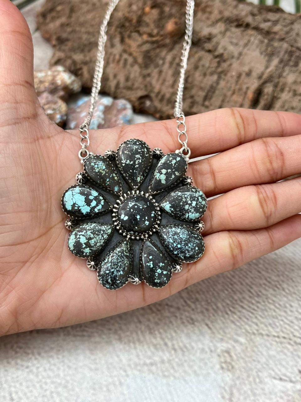 Handmade Sterling Silver Lander Turquoise Necklace with Signed Nizhoni