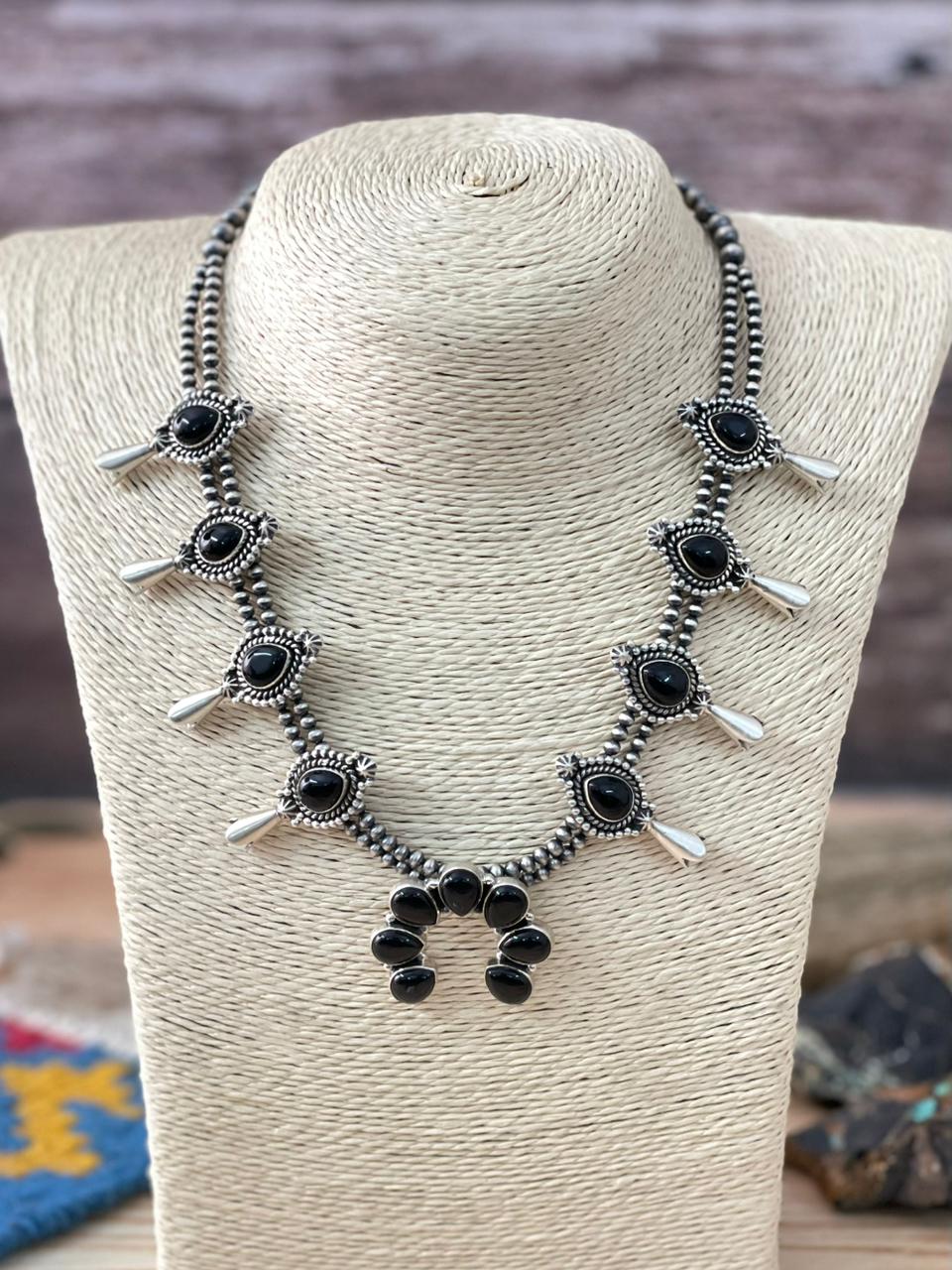 Handmade Sterling Silver Black Onyx Beaded Squash Blossom Necklace "Signed Nizhoni"
