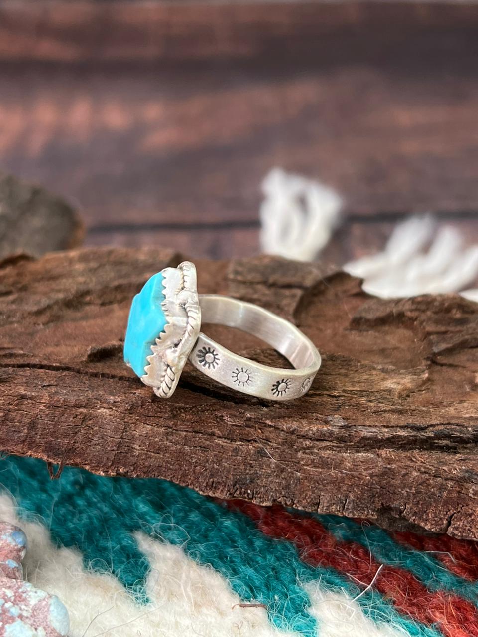 Handmade Sterling Silver Blue Turquoise Adjustable Ring " Signed Nizhoni" (5)