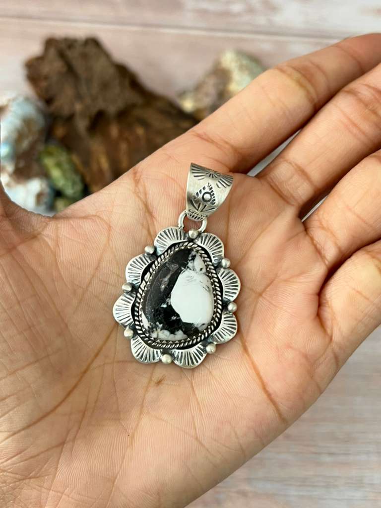 Handmade Sterling Silver White Buffalo Turquoise Pendant with Signed Nizhoni
