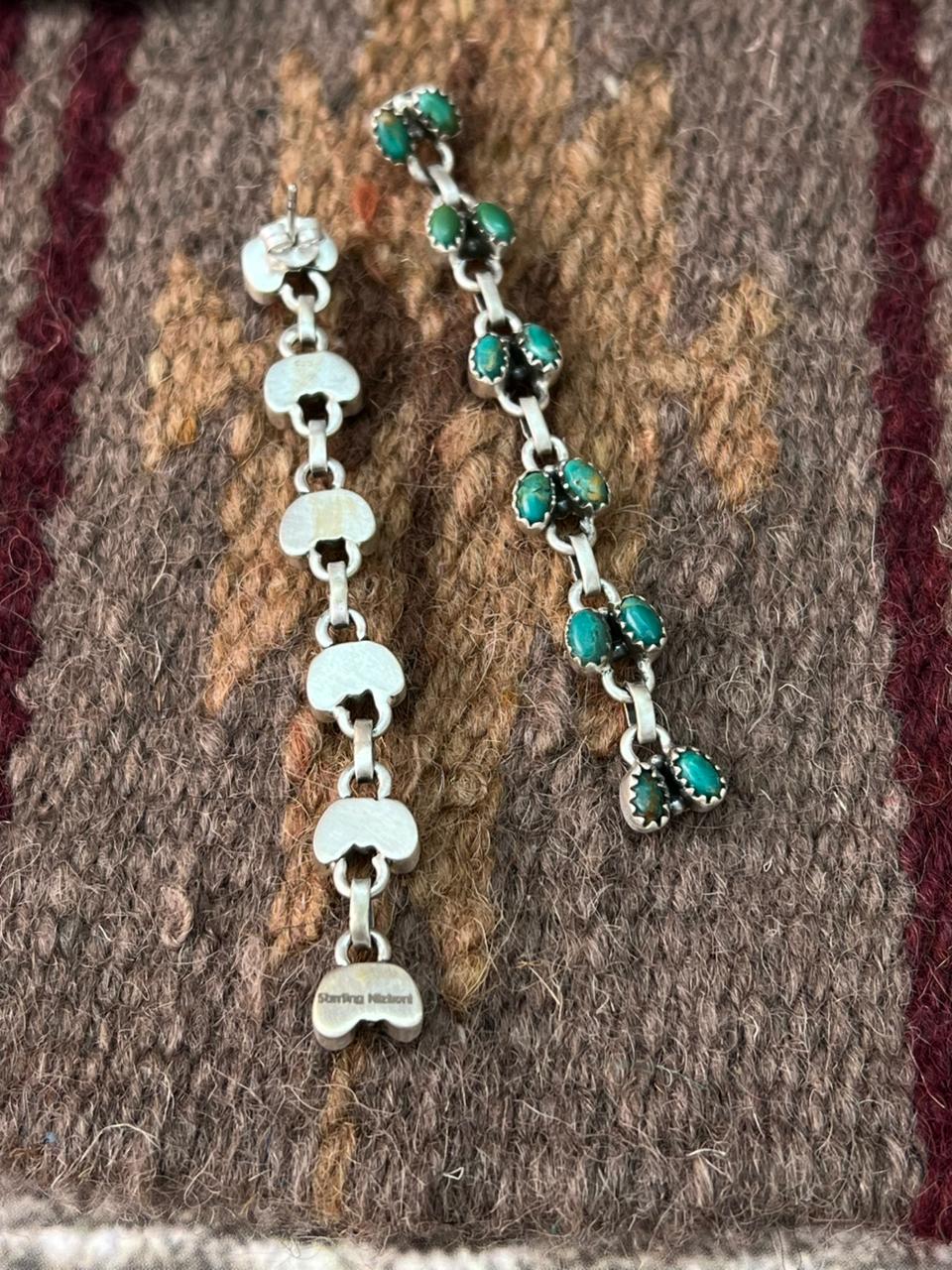 Handmade Sterling Silver Kingman Turquoise Post Dangle Earrings "Signed Nizhoni"