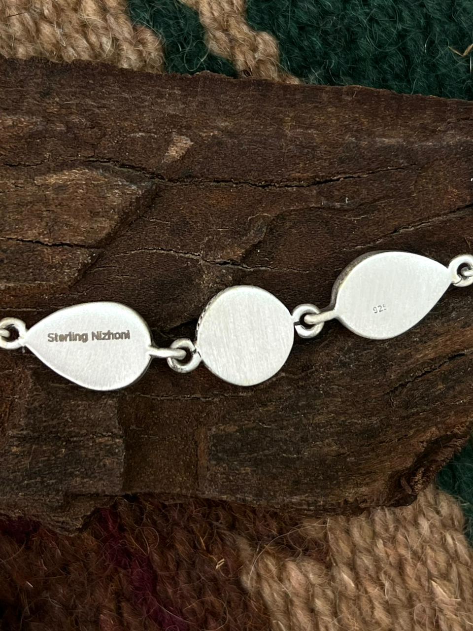 Handmade Sterling Silver Emerald Valley Turquoise Chain Bracelet "Signed Nizhoni"