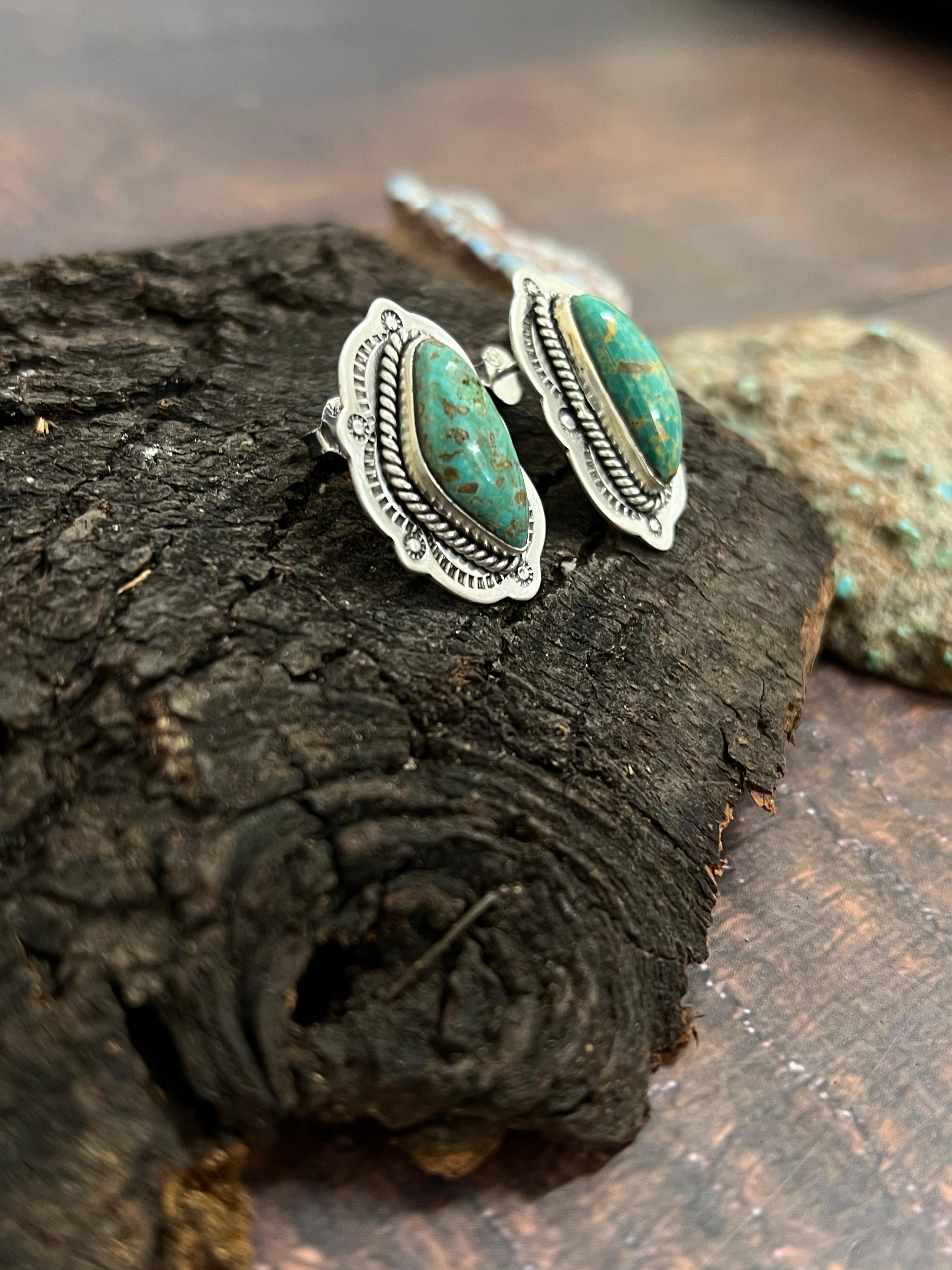 Handmade Sterling Silver Mantis Turquoise Post Studs, Signed Nizhoni