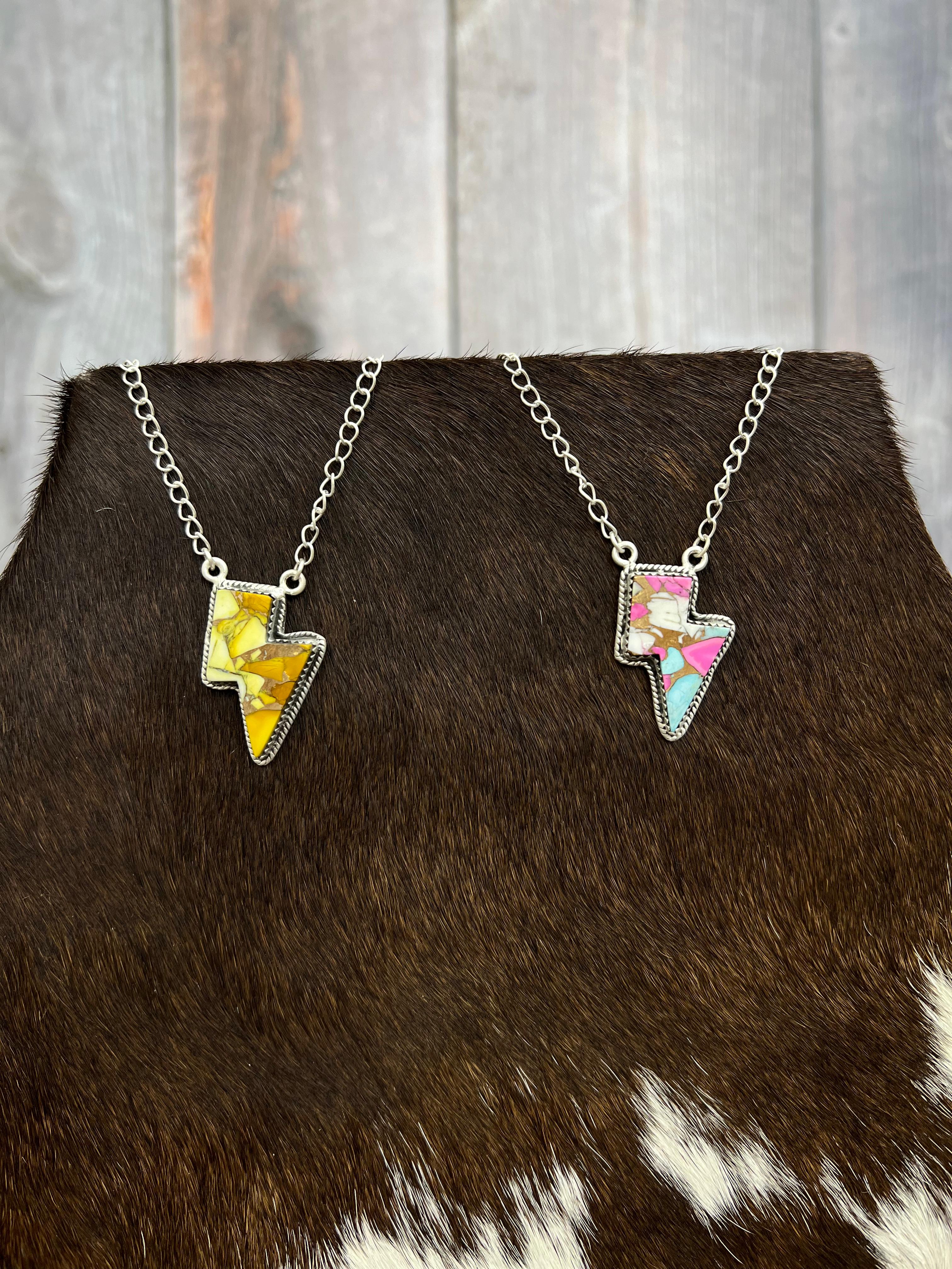 Handmade Sterling Silver Cotton Candy, Honey Dahlia Lightning Bolt Necklace Signed Nizhoni (3)